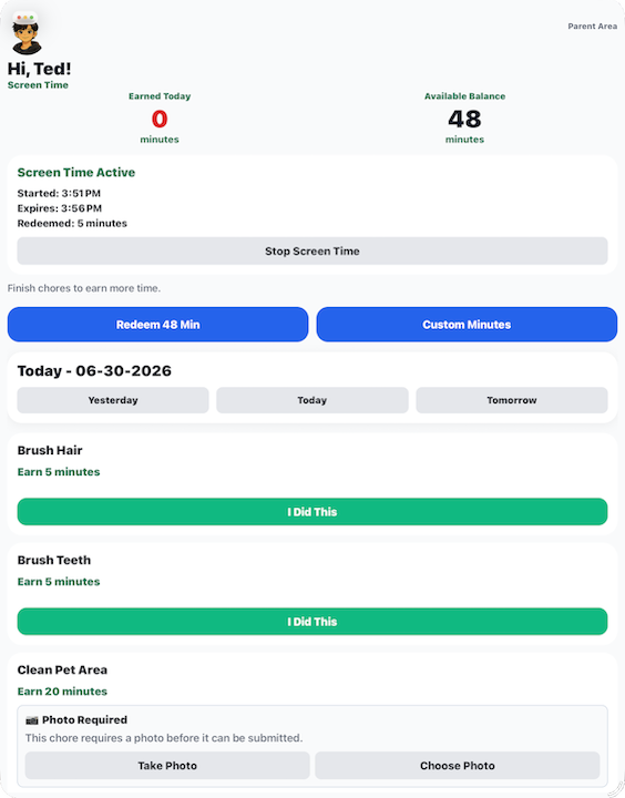 Child dashboard showing active screen time