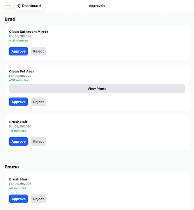 Parent approval screen showing submitted chores