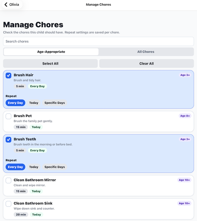 Managing chores assigned to a child