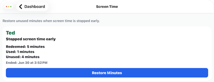 Parent screen for restoring unused screen-time minutes