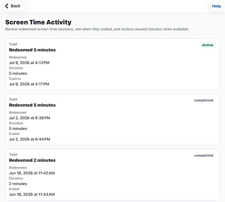 Screen-time activity history